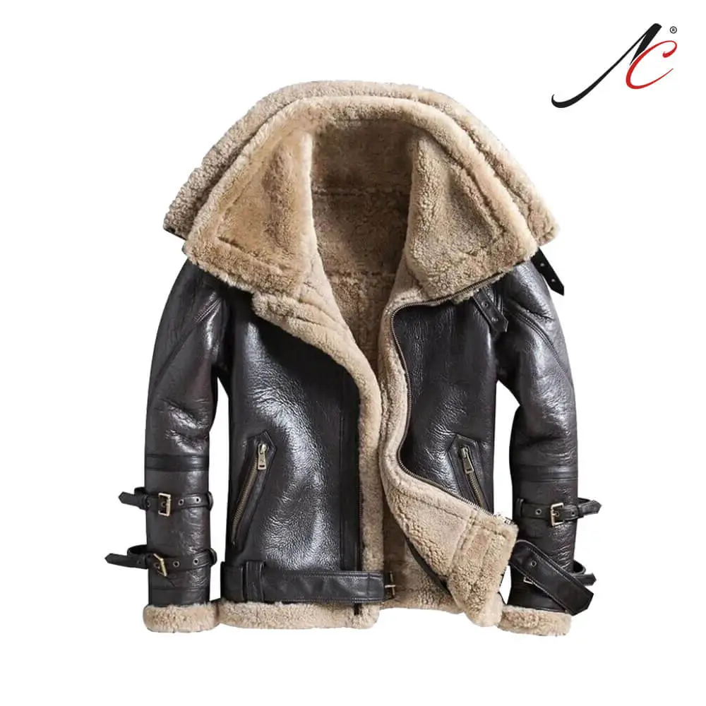 Aviator-Brown-RAF-Leather-Warm-Fur-Jacket-Double-Collar-Fashion-Shearling