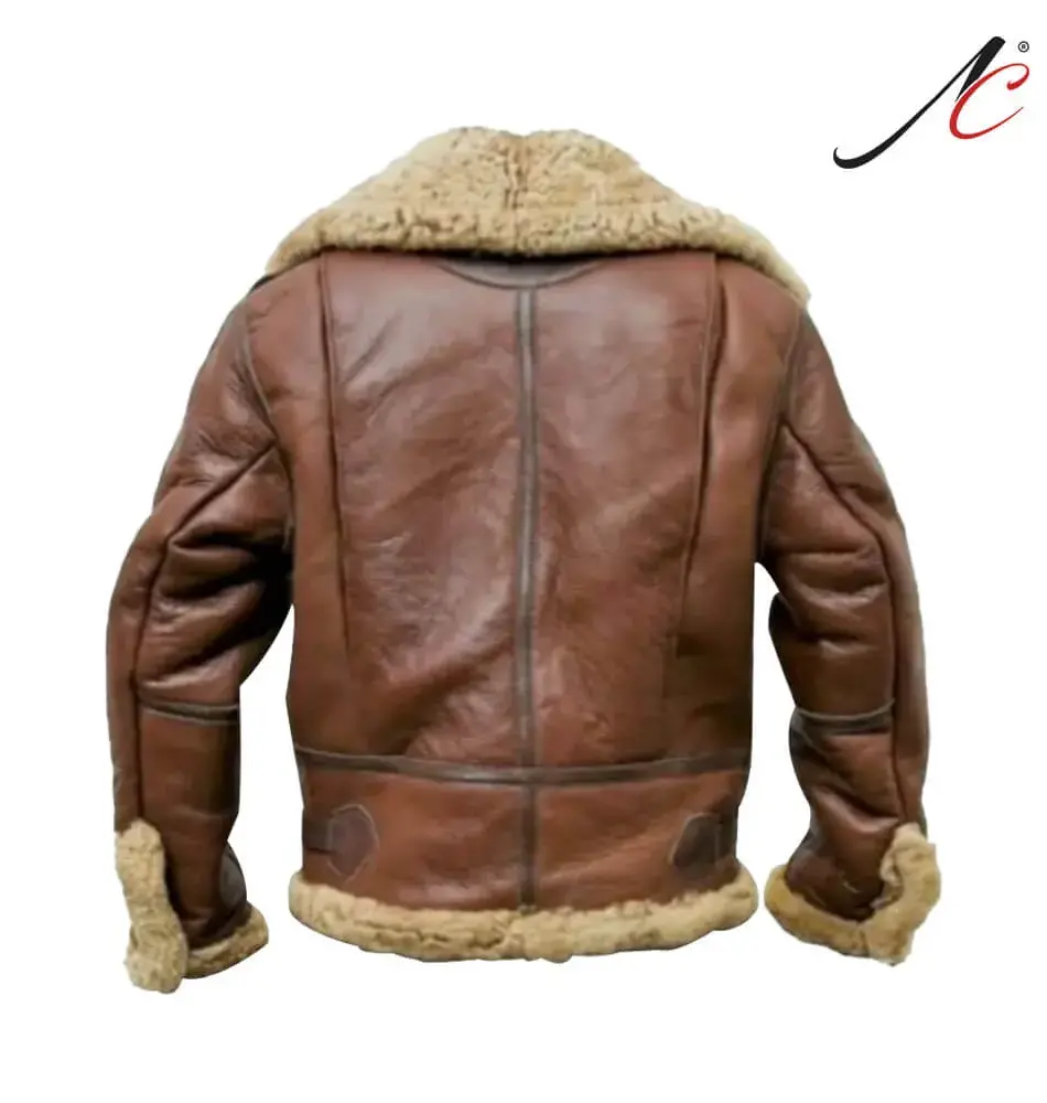 Men's B3 Bomber Vintage Brown RAF Aviator Flying Pilot Fur Shearling Real Jacket