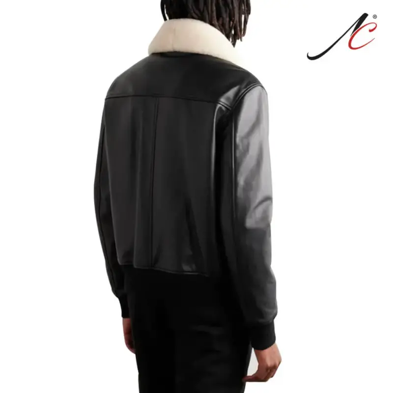 Shearling Trimmed Leather Bomber Jacket