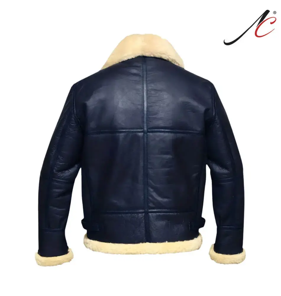 Men's Blue Leather Aviator Bomber Jacket