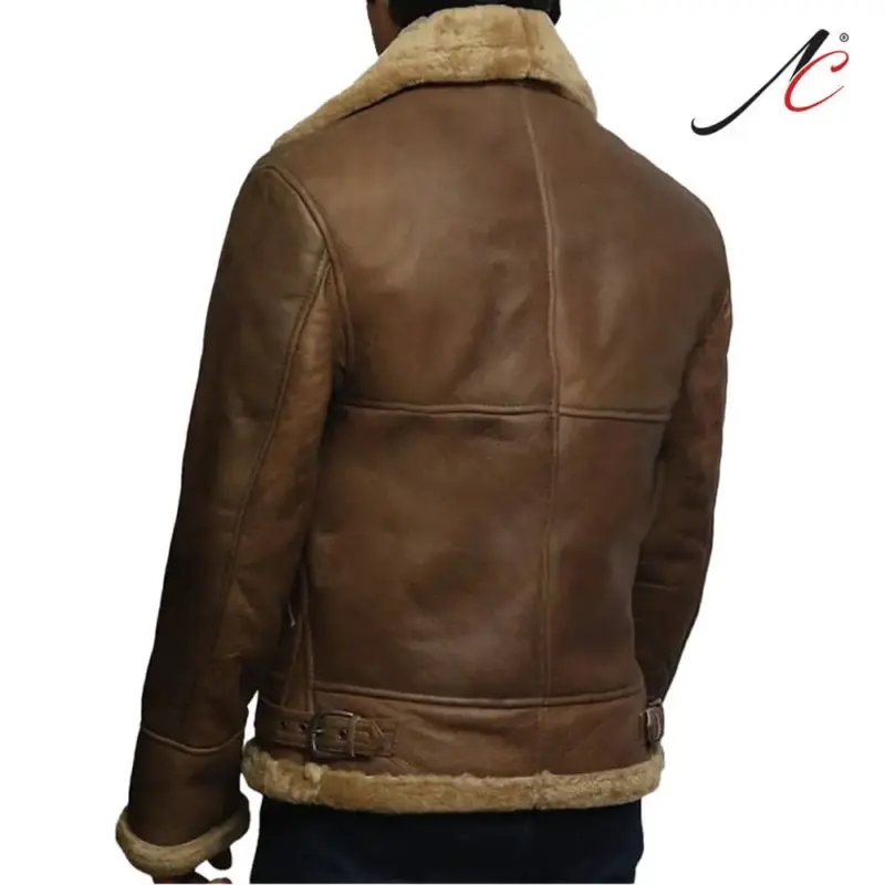 Mens Cross Zip B3 Bomber Real Shearling Brown Sheepskin Leather Jacket