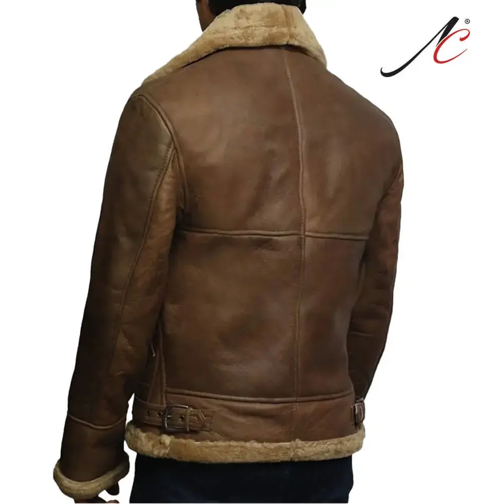 Mens Cross Zip B3 Bomber Real Shearling Brown Sheepskin Leather Jacket