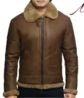 Mens Cross Zip B3 Bomber Real Shearling Brown Sheepskin Leather Jacket