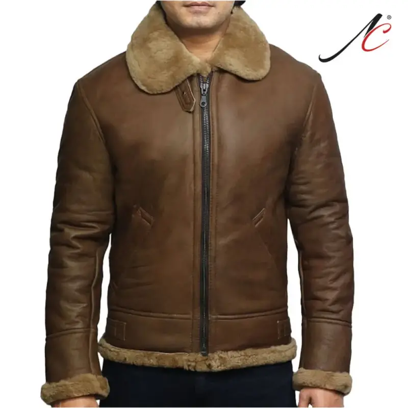 Mens Cross Zip B3 Bomber Real Shearling Brown Sheepskin Leather Jacket