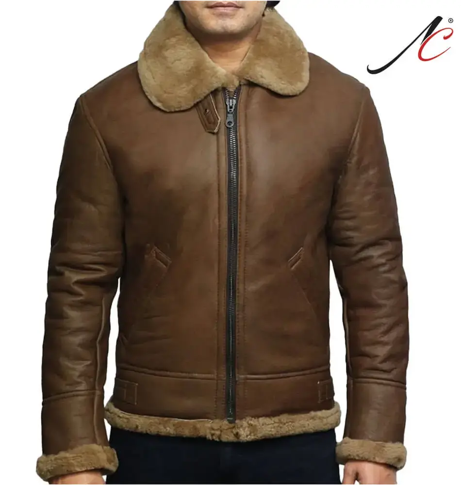 Mens Cross Zip B3 Bomber Real Shearling Brown Sheepskin Leather Jacket