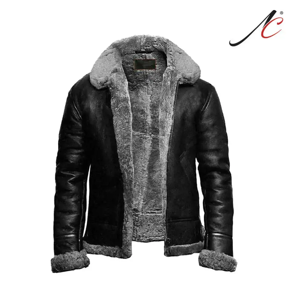 Men's B3 Bomber Sheepskin Shearling Grey Fur Leather Jacket