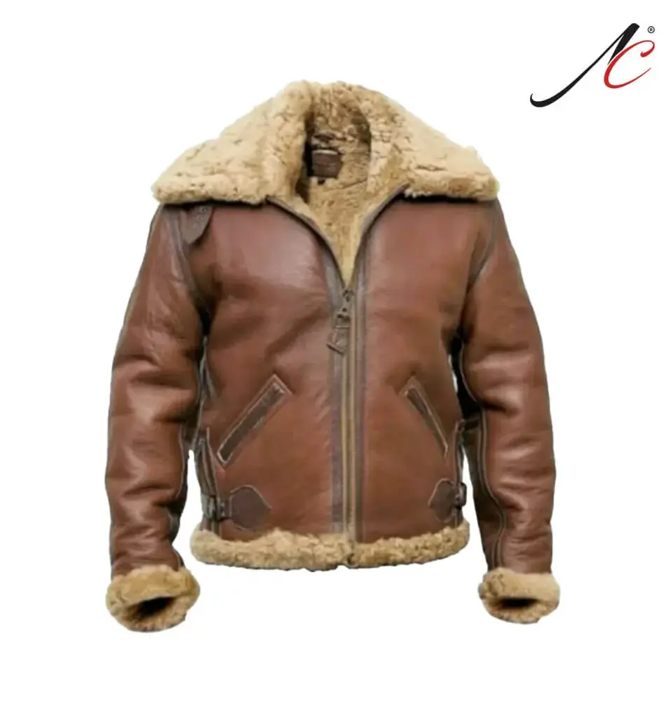 Men's B3 Bomber Vintage Brown RAF Aviator Flying Pilot Fur Shearling Real Jacket