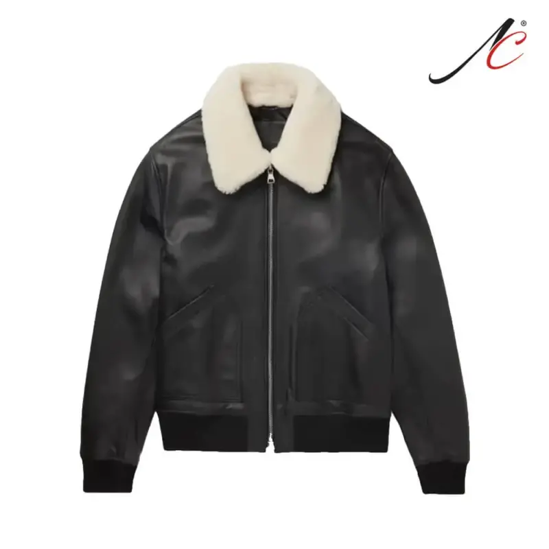 Shearling Trimmed Leather Bomber Jacket