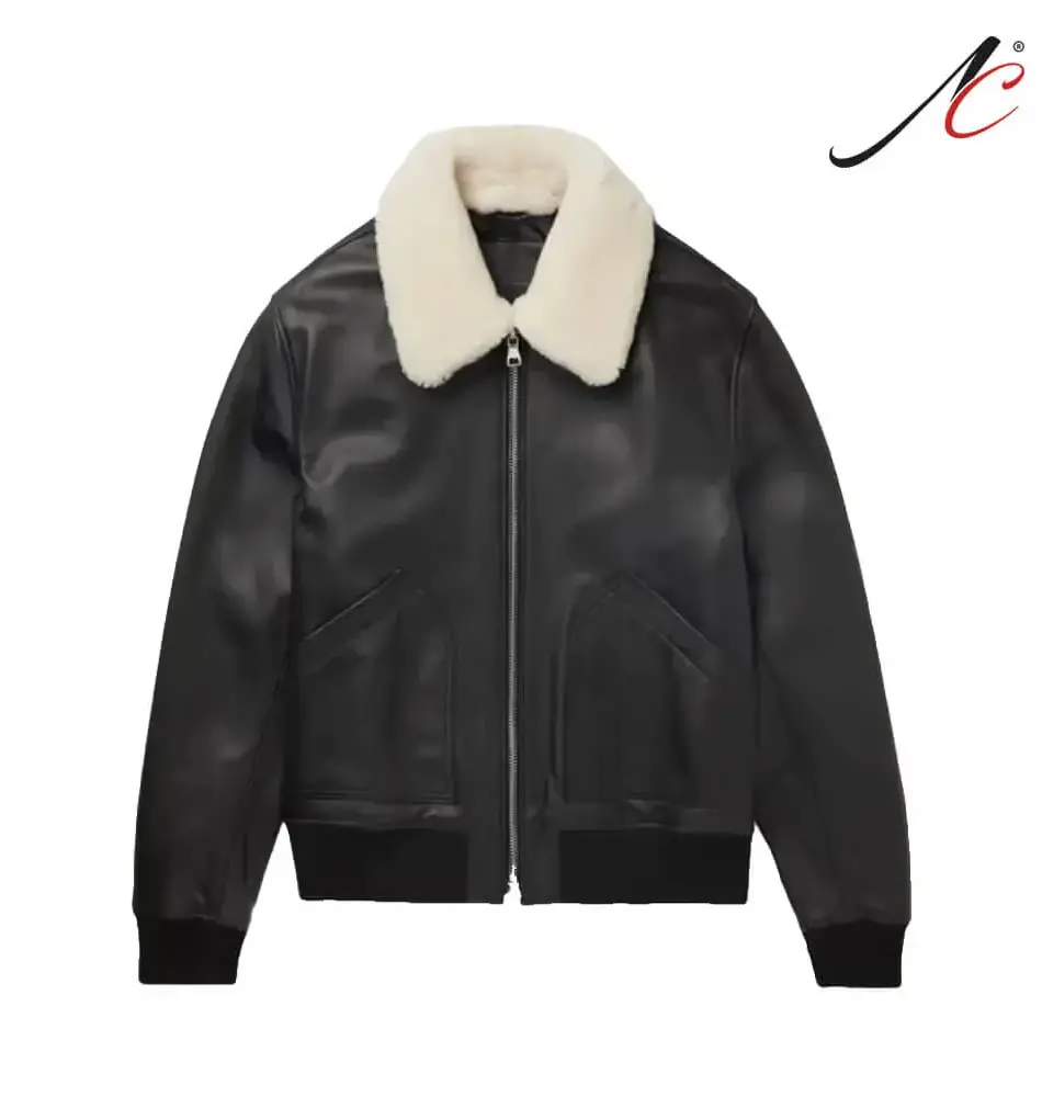 Shearling Trimmed Leather Bomber Jacket