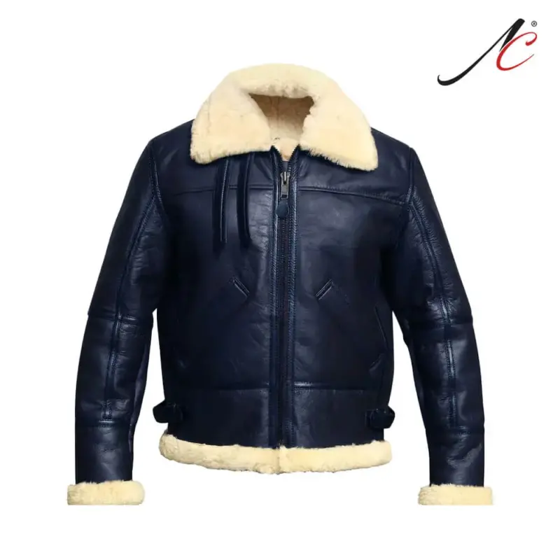 Men's Blue Leather Aviator Bomber Jacket