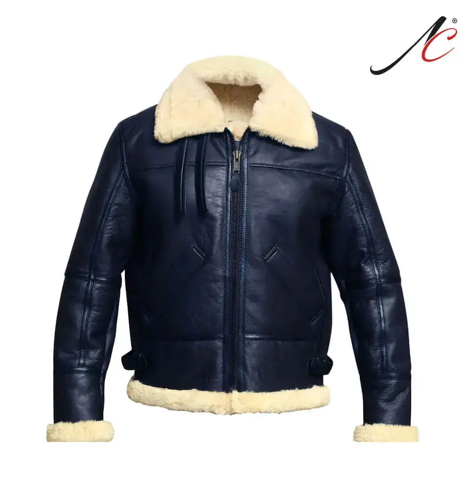 Men's Blue Leather Aviator Bomber Jacket