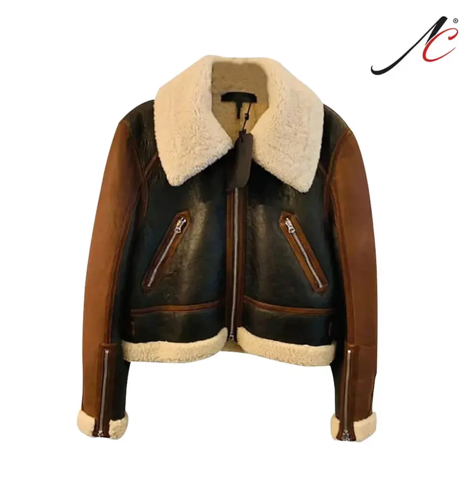 Brown Women's Aviator Shearling Lambskin Leather Jacket