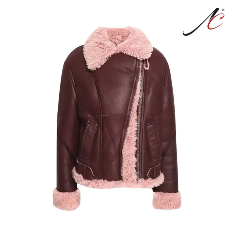 Burgundy Shearling Leather Fur Jacket For Women