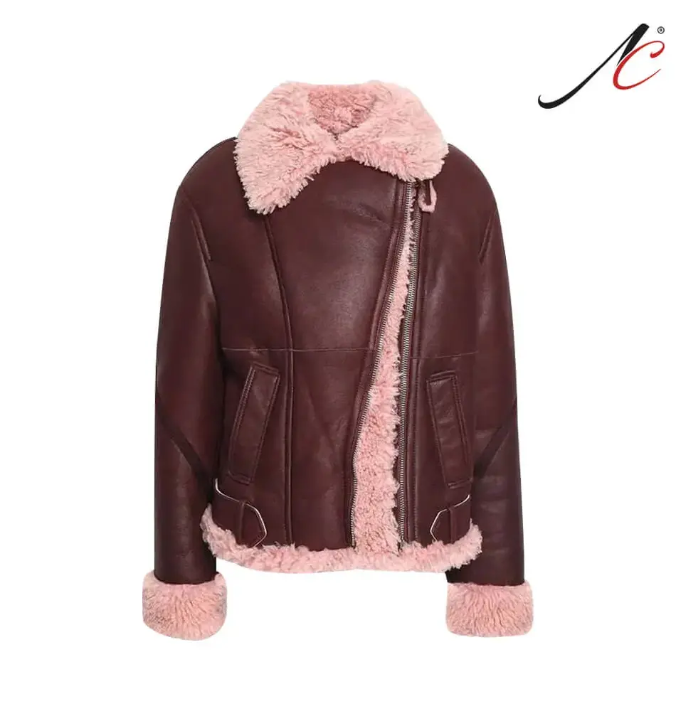 Burgundy Shearling Leather Fur Jacket For Women