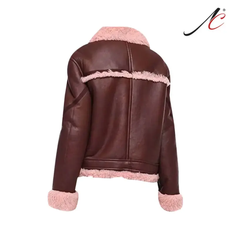 Burgundy Shearling Leather Fur Jacket For Women