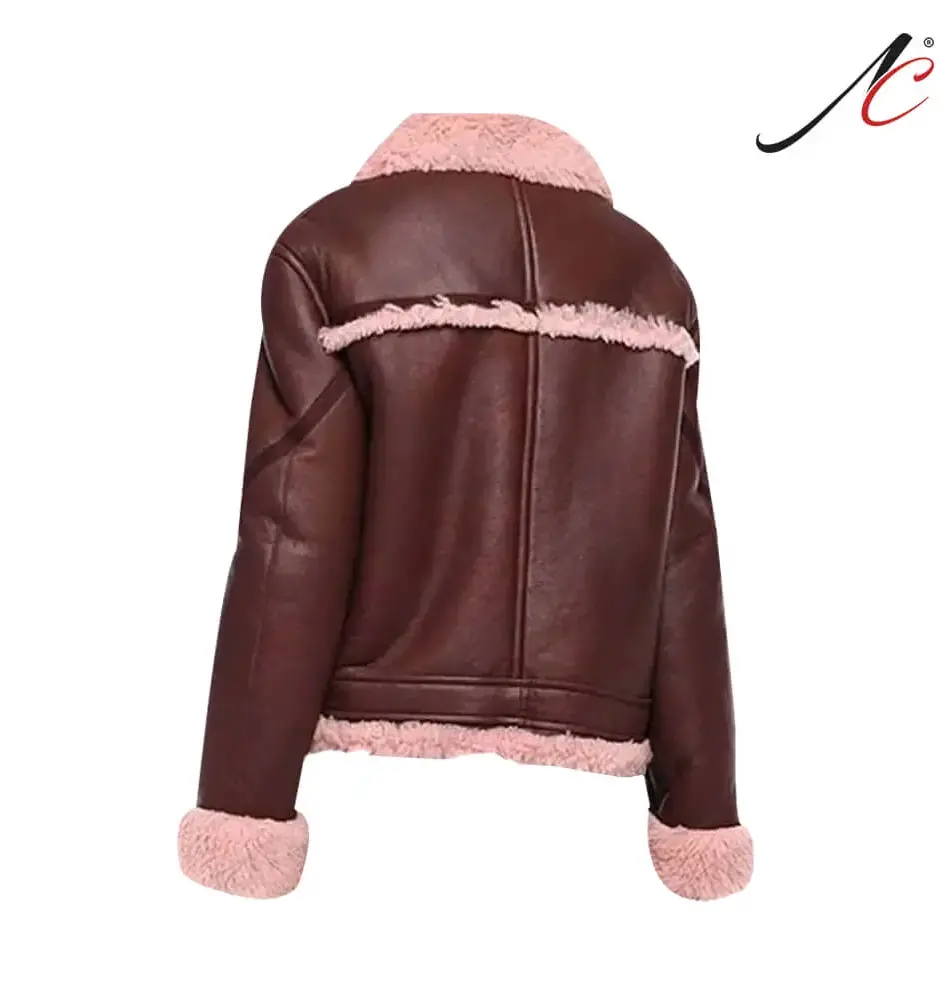 Burgundy Shearling Leather Fur Jacket For Women