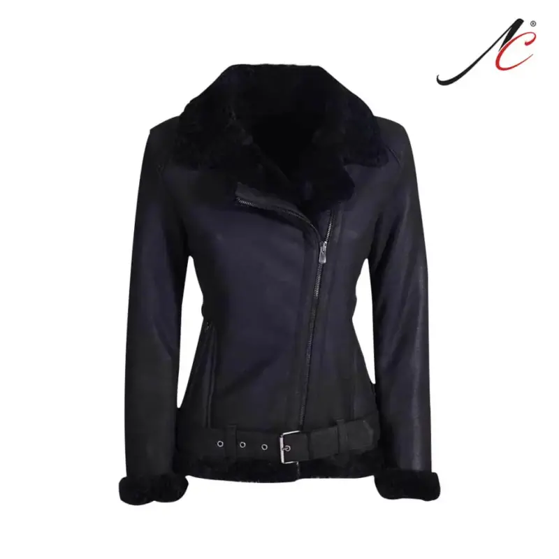 Black Shearling Leather Jacket For Women