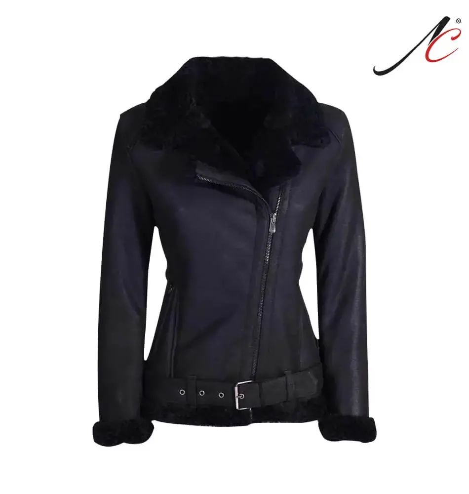 Black Shearling Leather Jacket For Women