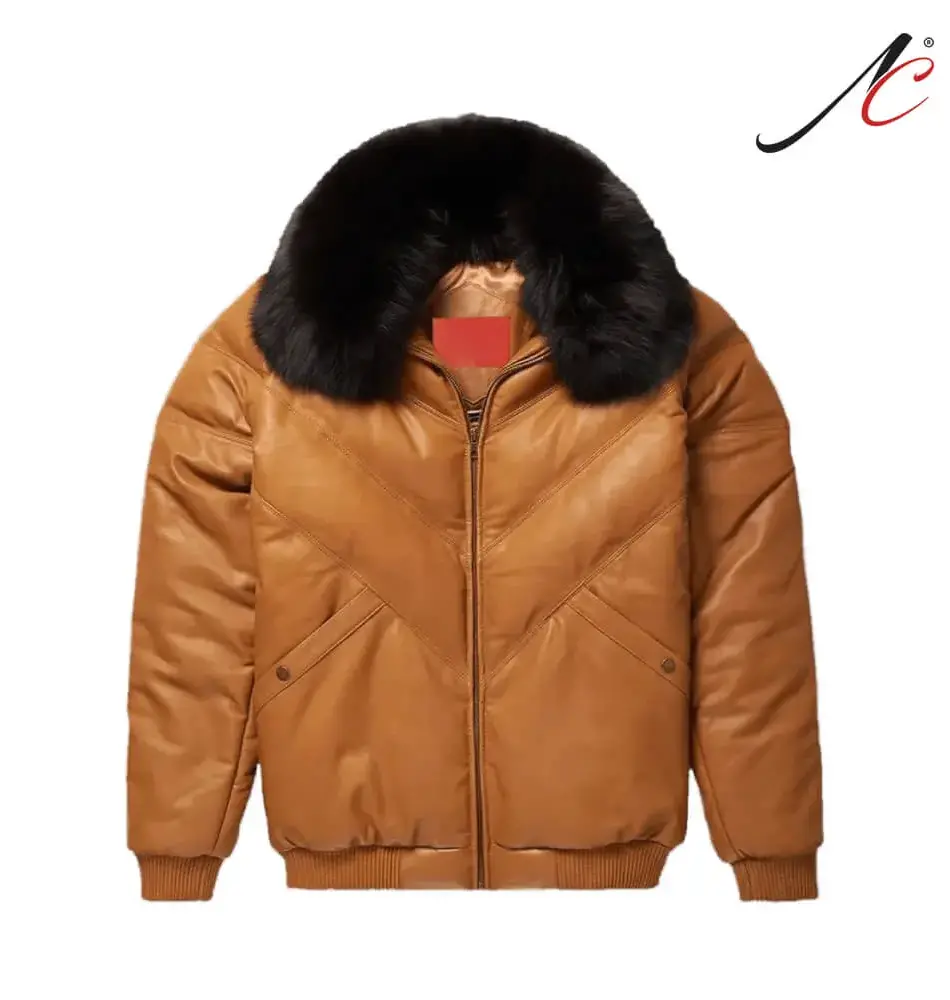 Lambskin V-Bomber Camel Brown Leather Jacket