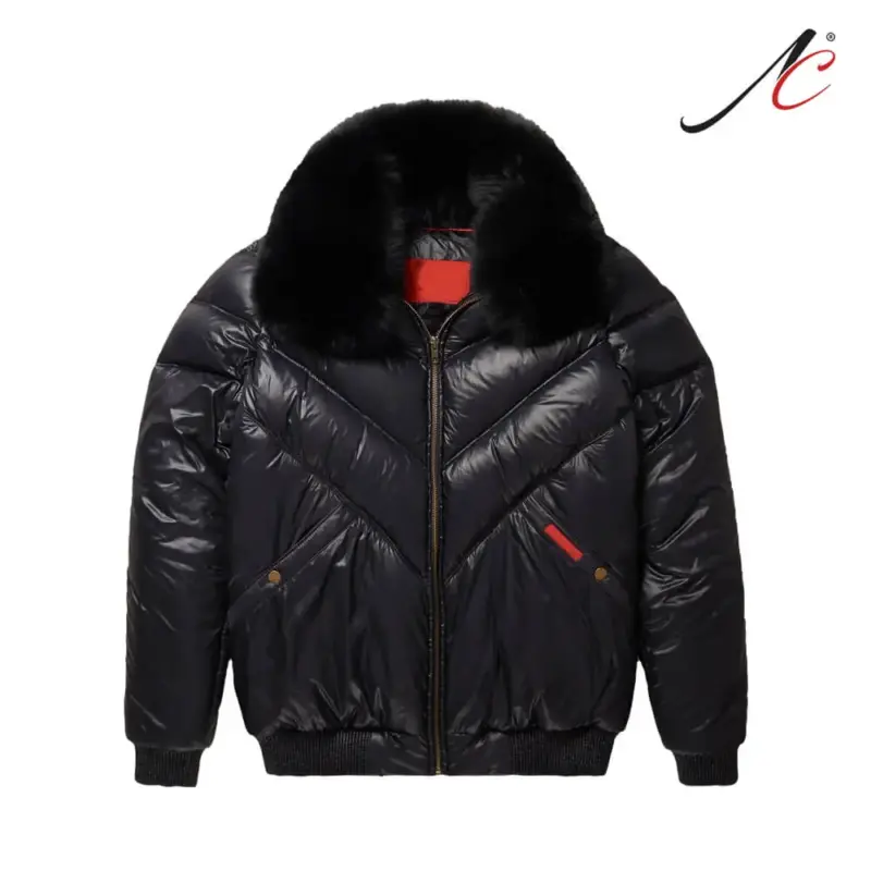 Leather V-Bomber Jacket Black with Black Fox Fur