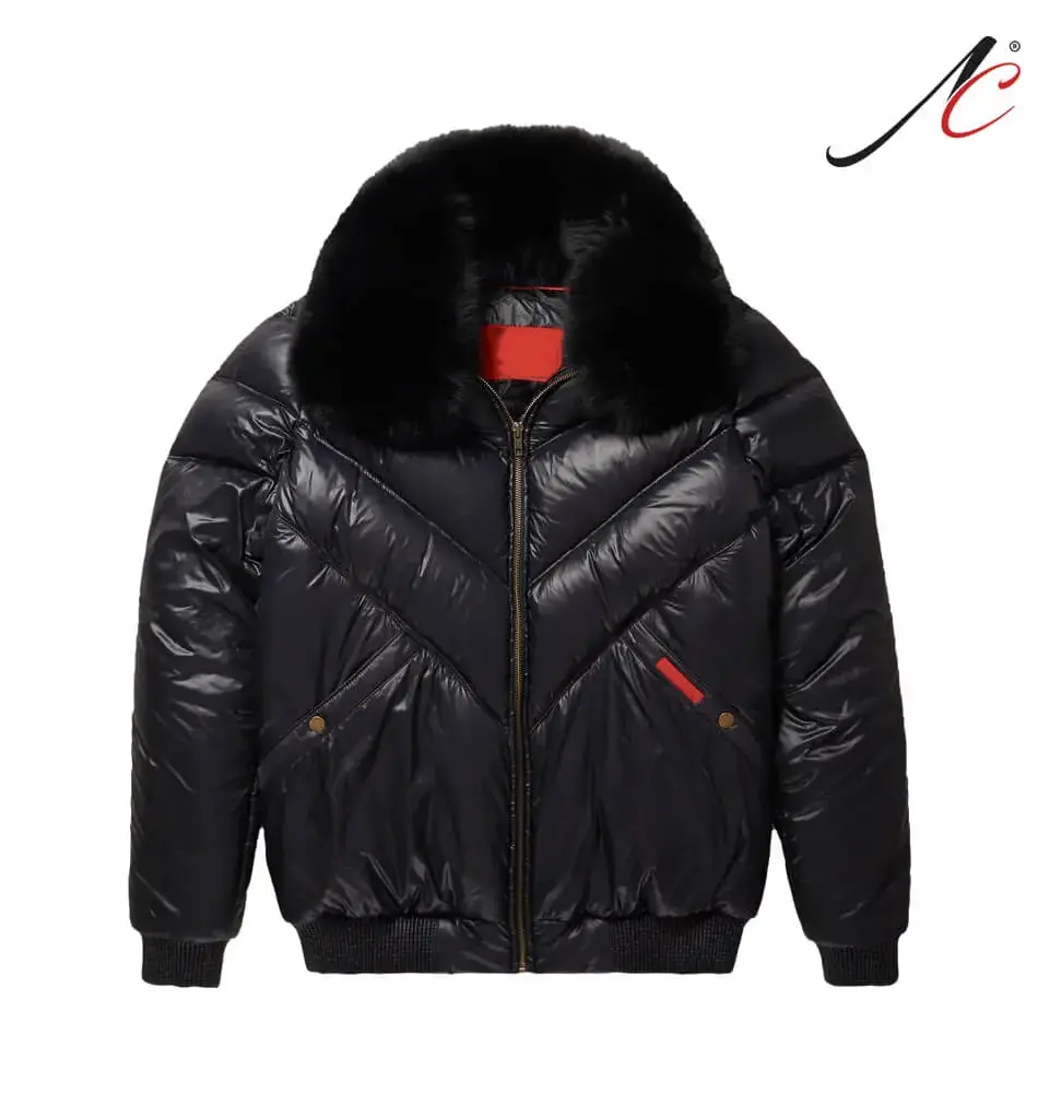 Leather V-Bomber Jacket Black with Black Fox Fur