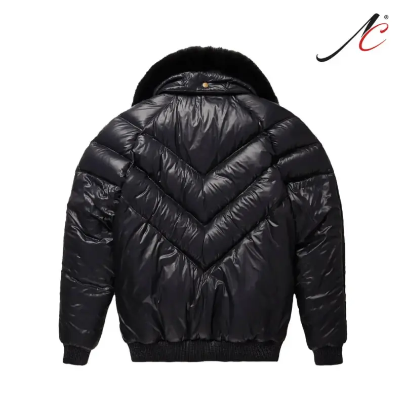 Leather V-Bomber Jacket Black with Black Fox Fur