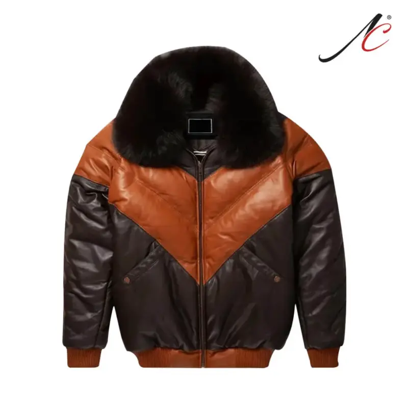 Men's V-Bomber Leather Fur Collar Jacket