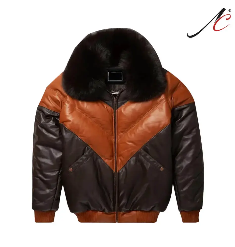 Men's V-Bomber Leather Fur Collar Jacket