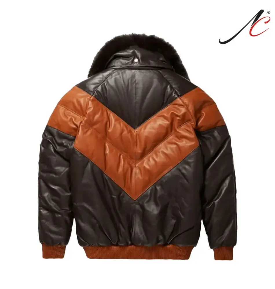 Men's V-Bomber Leather Fur Collar Jacket