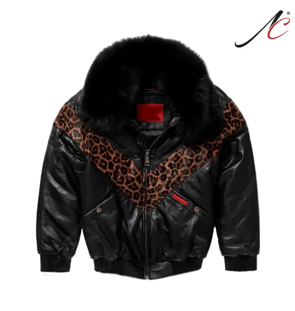 V-Bomber Leopard Printed Real Leather Men's Leather Jacket