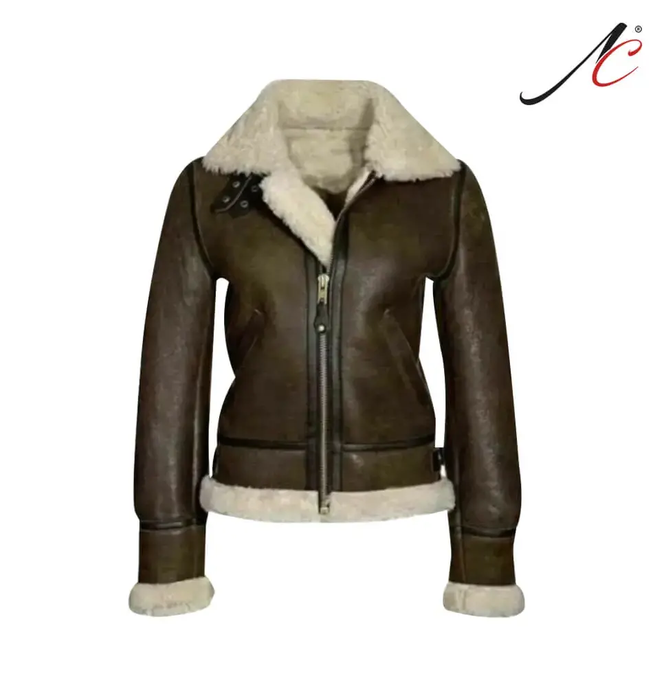 Women's Aviator RAF Bomber Fur Shearling Sheepskin Real Leather Jacket