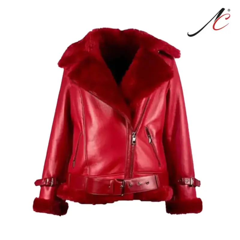 Women's Aviator Red Real Sheepskin Fur Leather Jacket