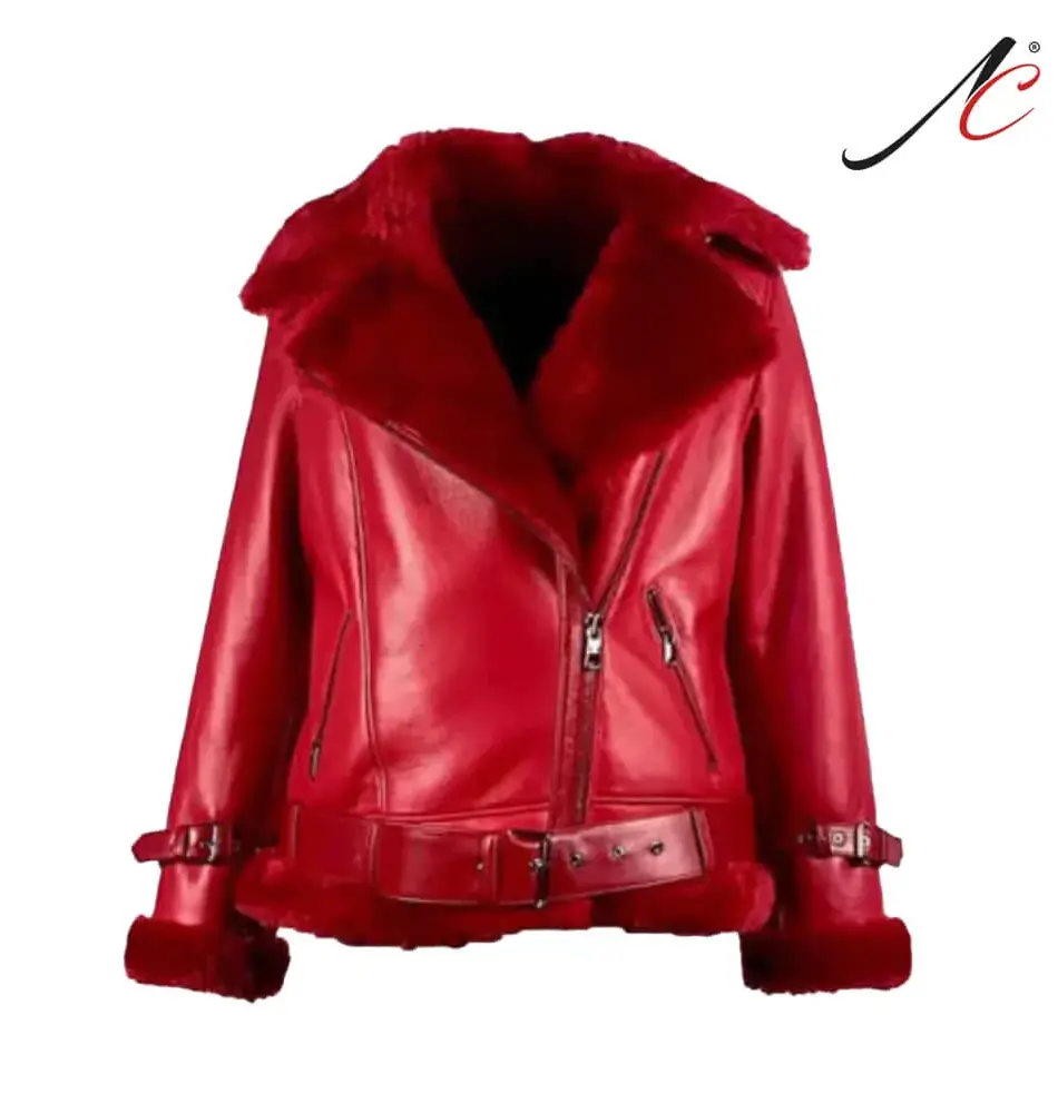 Women's Aviator Red Real Sheepskin Fur Leather Jacket