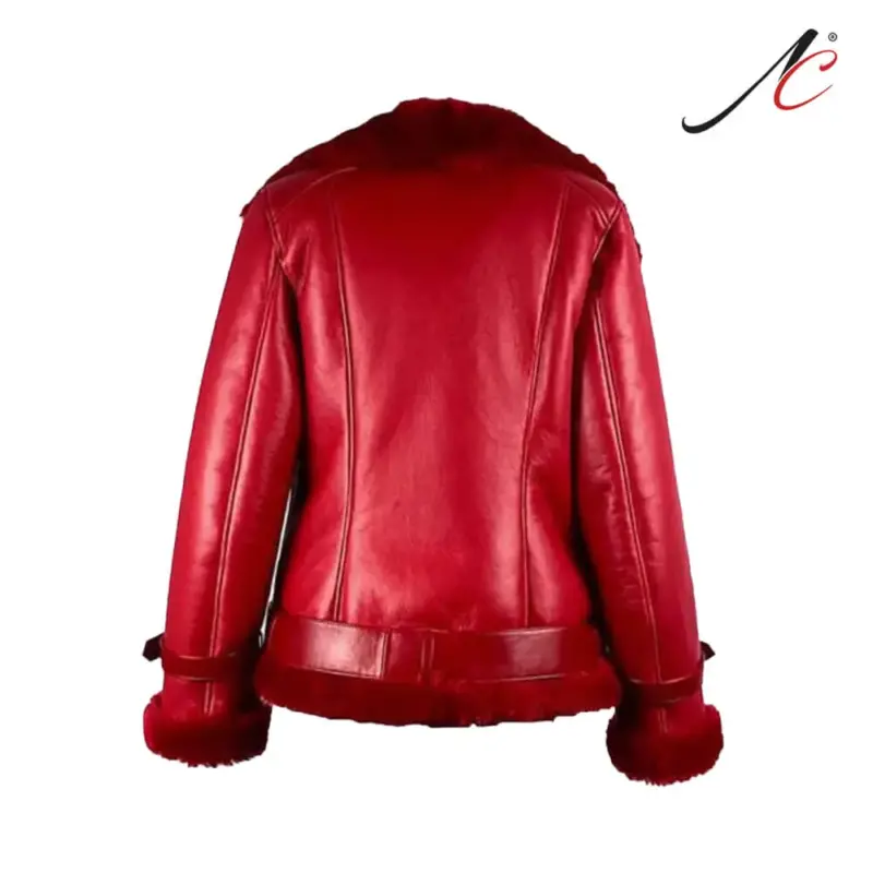 Women's Aviator Red Real Sheepskin Fur Leather Jacket