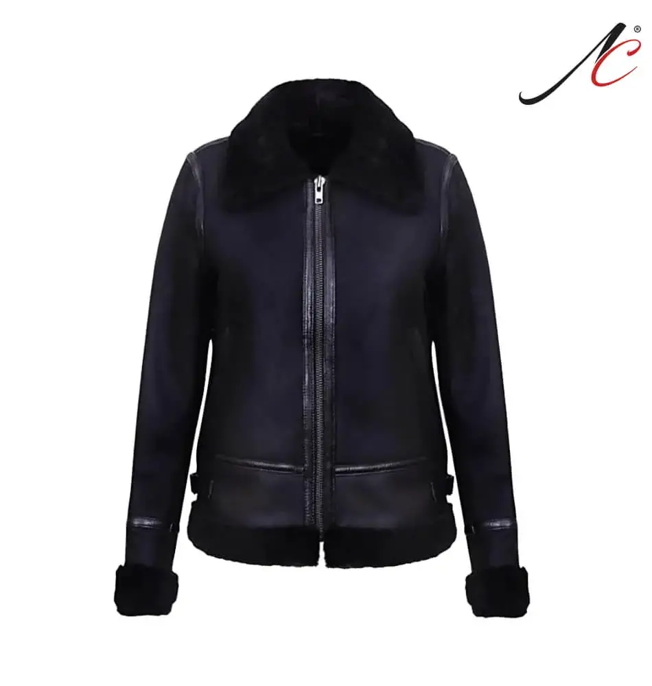 Women's Black Aviator Biker Leather Jacket