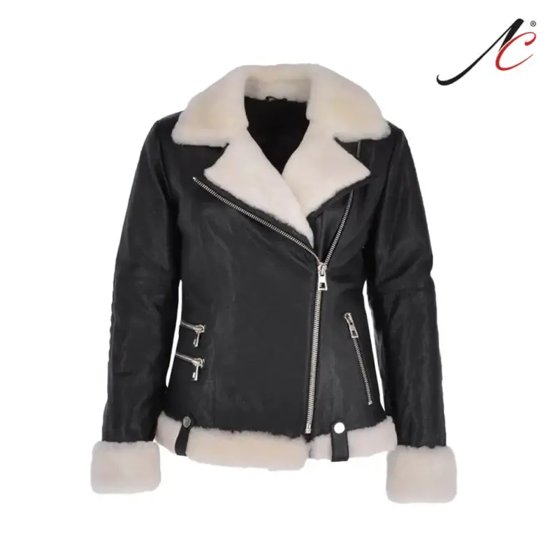 Women's Black and White Shearling Leather Jacket