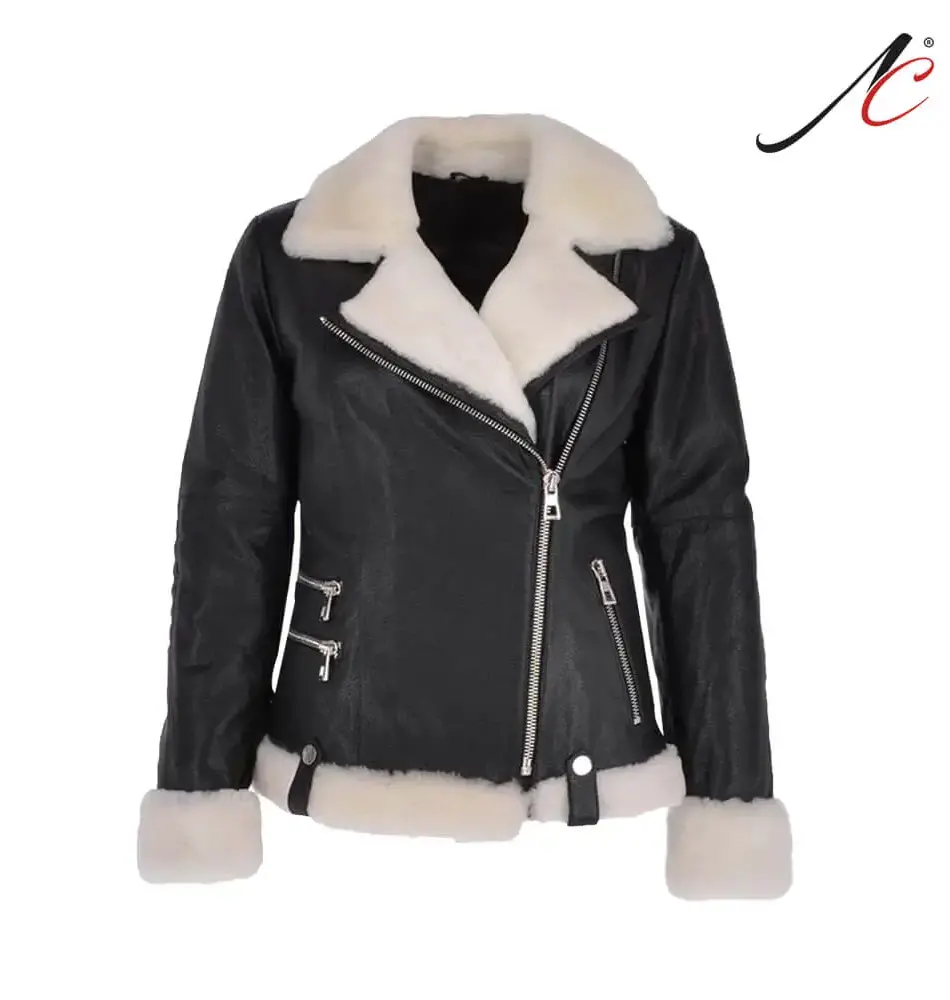 Women's Black and White Shearling Leather Jacket