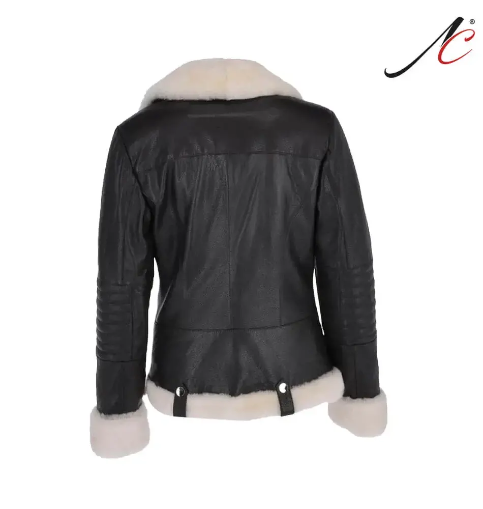 Women's Black and White Shearling Leather Jacket