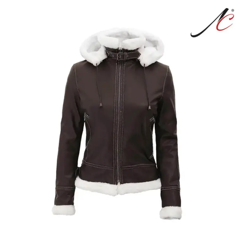 Women's Fur Shearling Leather Jacket With Hooded