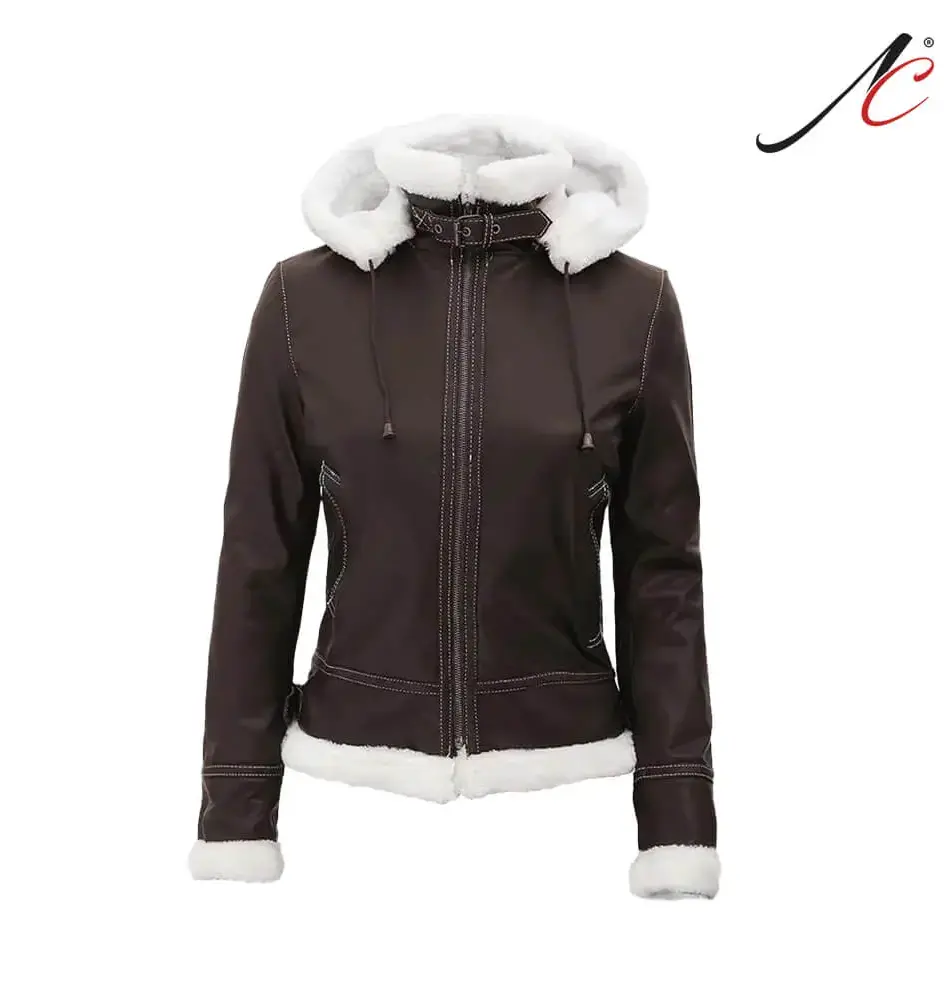 Women's Fur Shearling Leather Jacket With Hooded