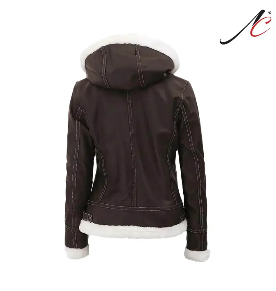 Women's Fur Shearling Leather Jacket With Hooded