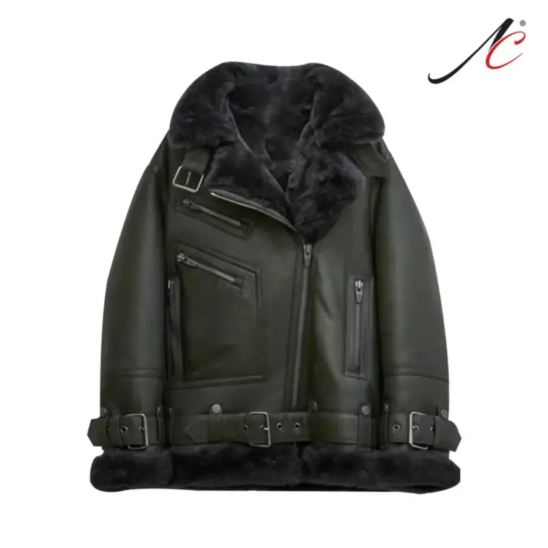 Women's Green RAF Aviator Styled Sheepskin Shearling Leather Jacket