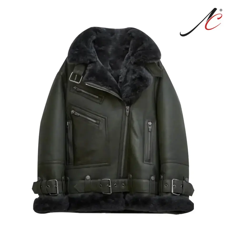 Women's Green RAF Aviator Styled Sheepskin Shearling Leather Jacket