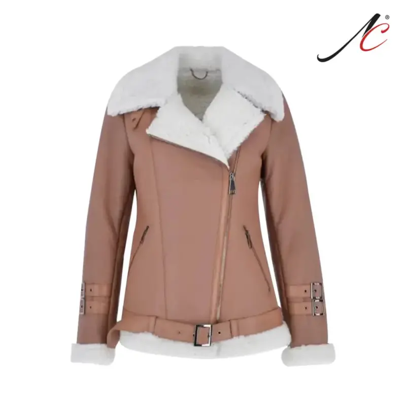 Women’s Light Tan Side Zip Sheepskin Pilot Leather Jacket