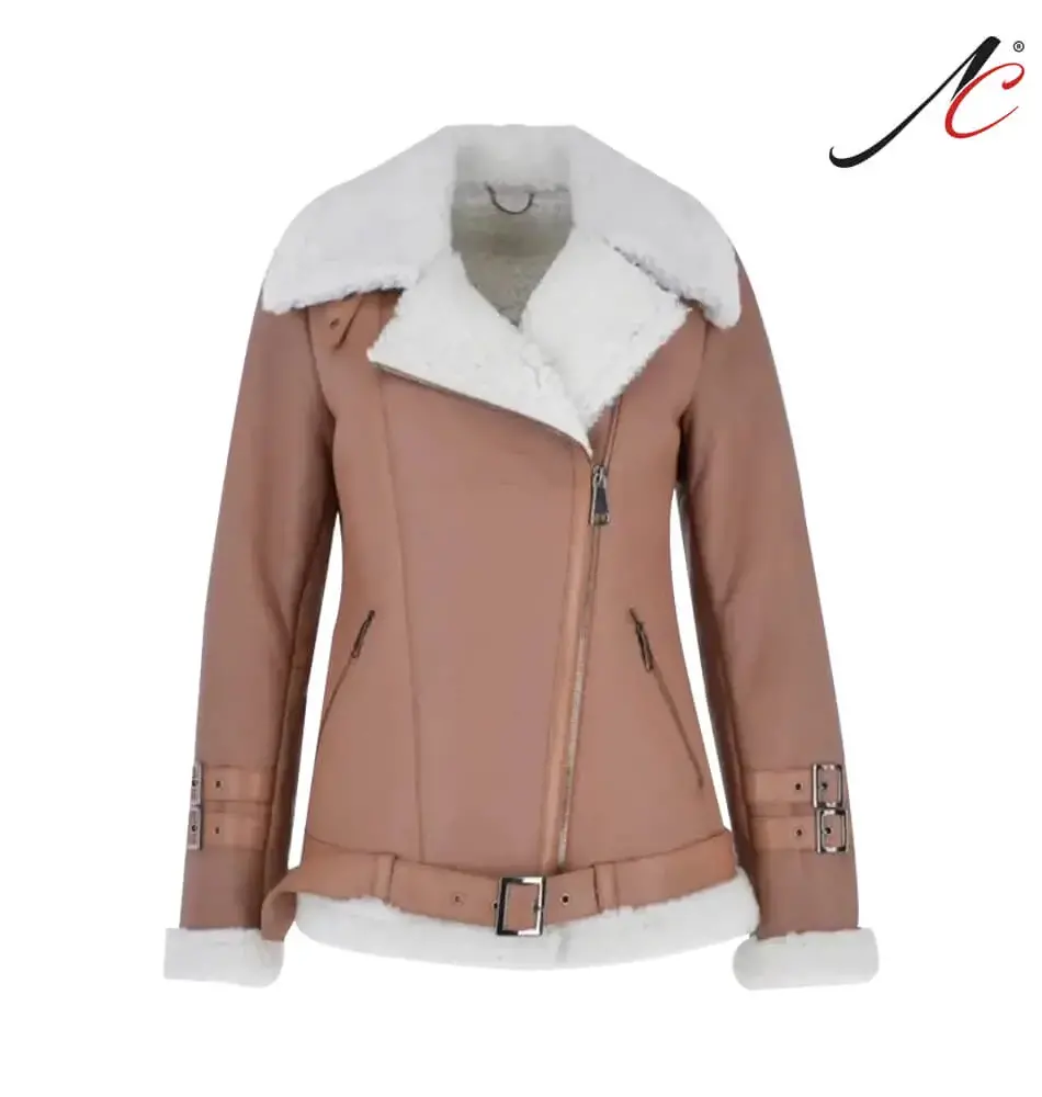 Women’s Light Tan Side Zip Sheepskin Pilot Leather Jacket