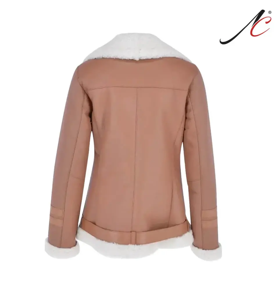 Women’s Light Tan Side Zip Sheepskin Pilot Leather Jacket